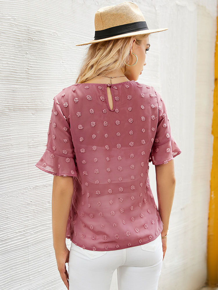 
	Swiss Dot Solid Crew Neck Short Sleeve Blouse For Women