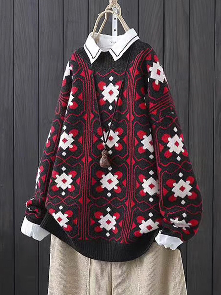 
	Floral Jacquard Print Pullover Long Sleeve Knit Vintage Sweater