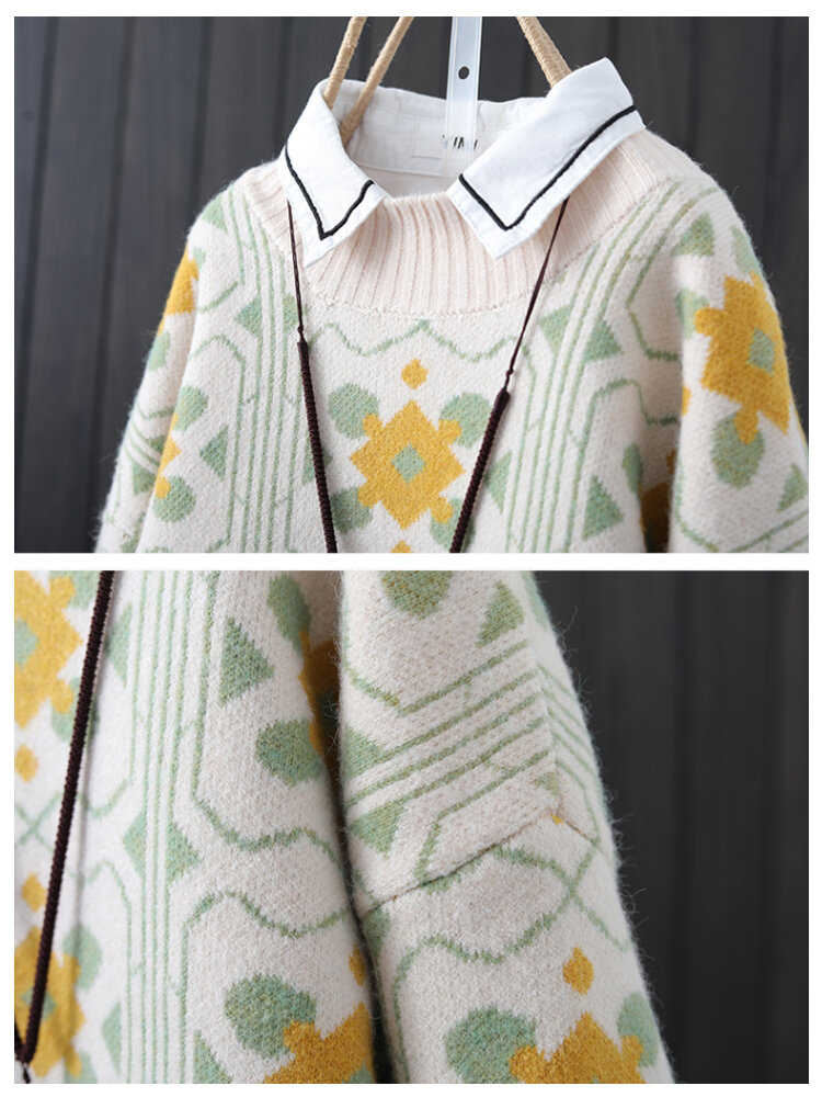 
	Floral Jacquard Print Pullover Long Sleeve Knit Vintage Sweater
