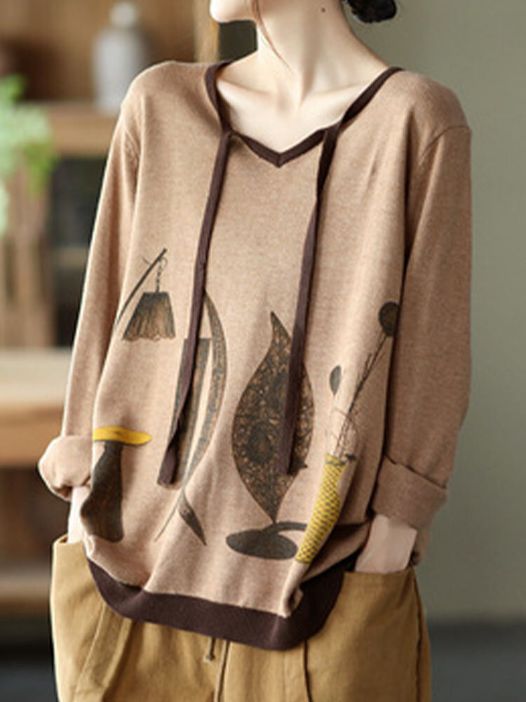 
	Art Illustration Long Sleeve Tie Front Women Sweatshirt