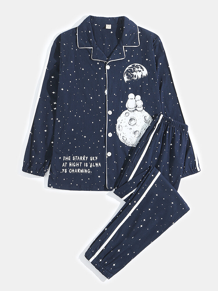 
	Moon Starry Pattern Printing Button Lapel Pajamas Set