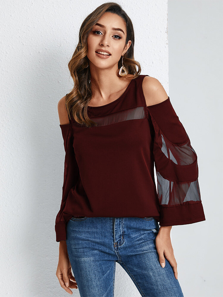 
	Solid Mesh Stitch Off-shoulder Long Sleeve Blouse