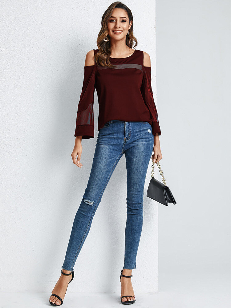 
	Solid Mesh Stitch Off-shoulder Long Sleeve Blouse