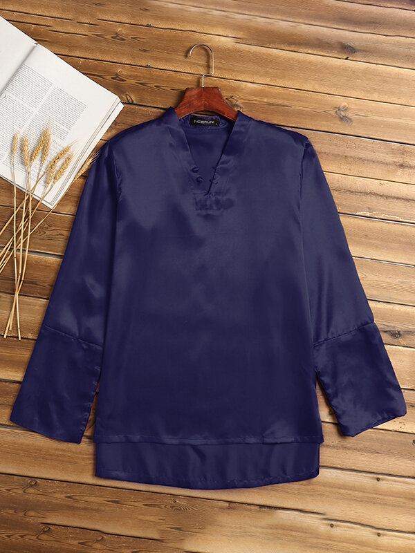 
	Mens Satin Silk Plain Pajamas Shirts Nightwear Long Sleeve V Neck Soft Smooth Sleep Shirts Tee Tops