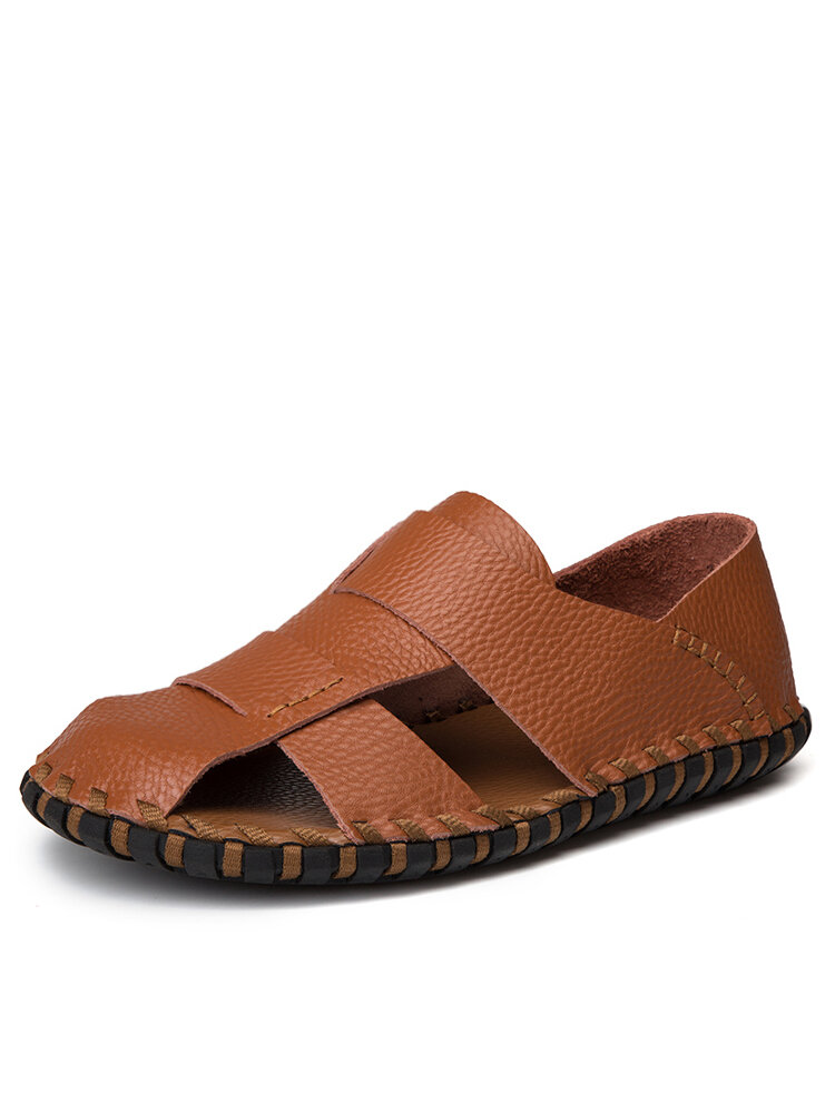 
	Men Soft Cow Leather Hand Stitching Casual Shoes Hollow Out Sandals