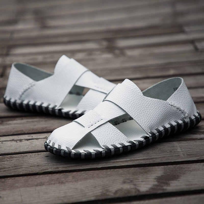 
	Men Soft Cow Leather Hand Stitching Casual Shoes Hollow Out Sandals
