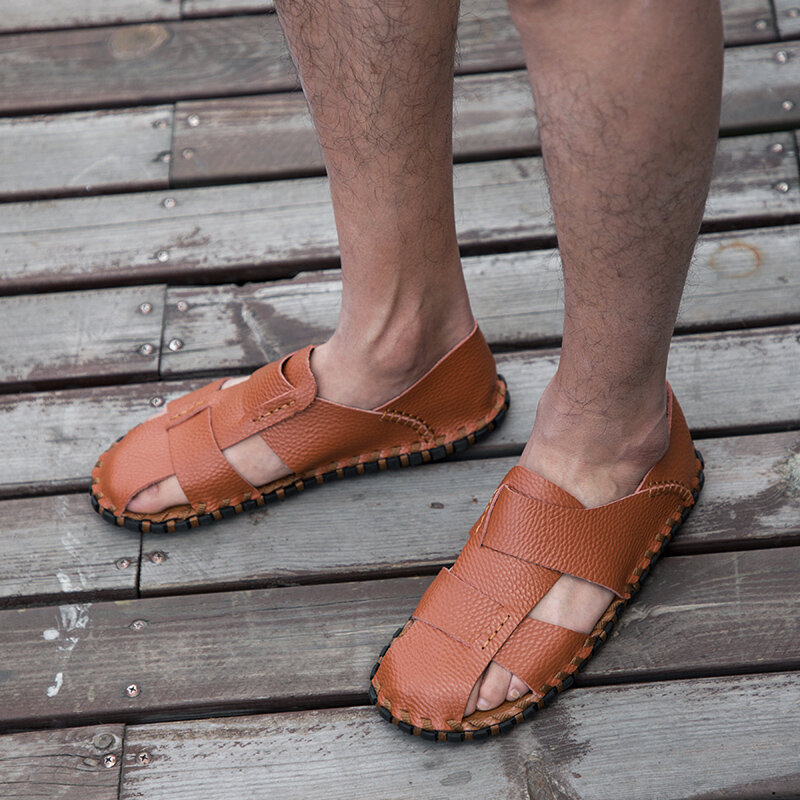 
	Men Soft Cow Leather Hand Stitching Casual Shoes Hollow Out Sandals