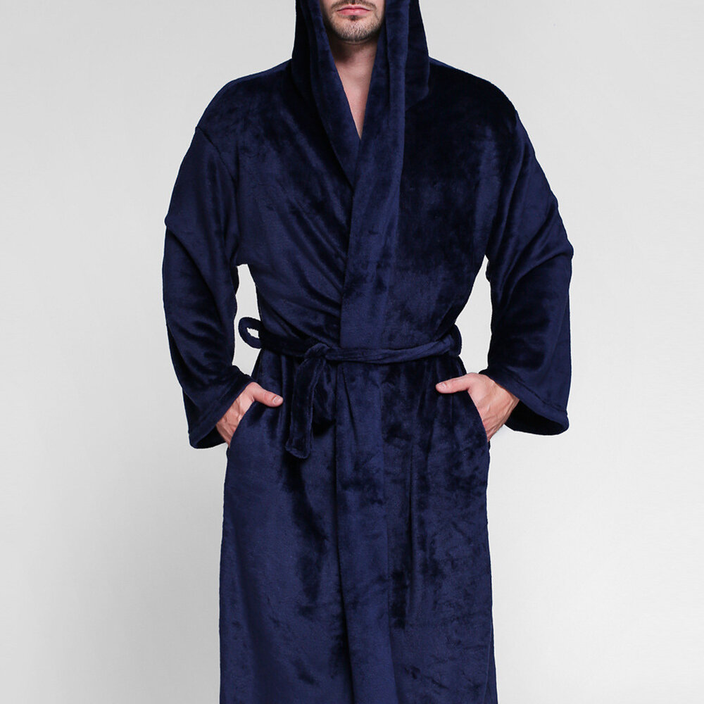 
	Men Pure Color Thicken Velvet Fleece Sleepwear Comfy Soft Hooded Pajamas