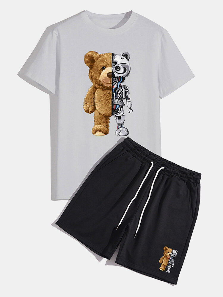 
	Mens Mechanical Bear Print Short Sleeve Drawstring Pocket Two Piece Outfits