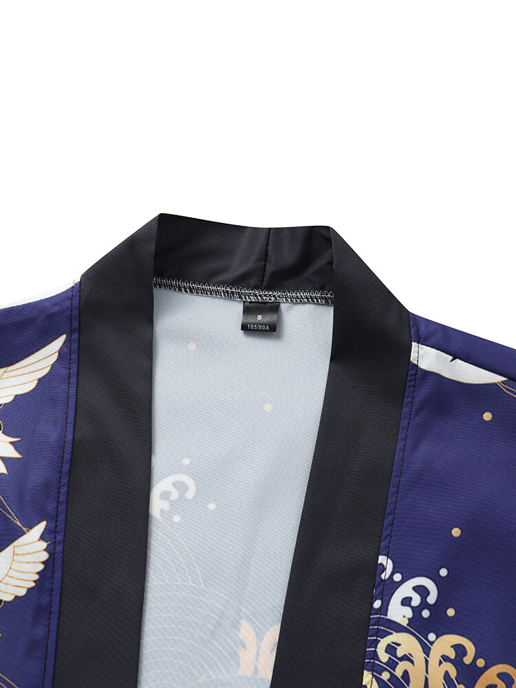 
	Mens Ethnic Style Crane Print Open Front Kimono Casual Two Pieces Outfits
