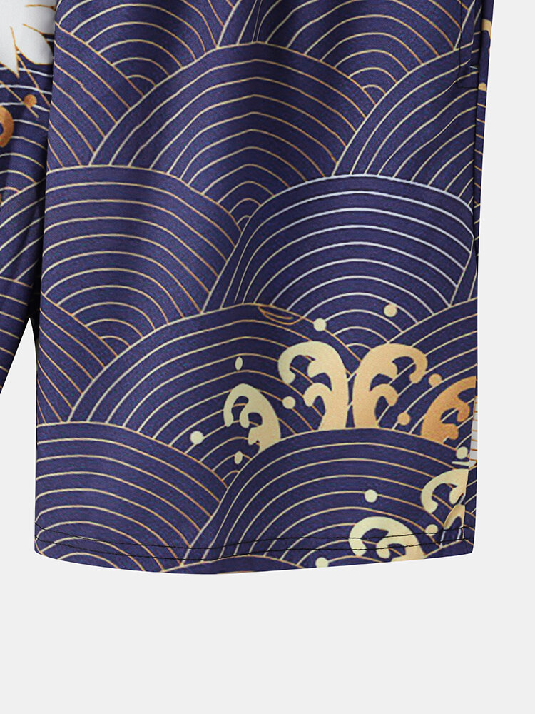 
	Mens Ethnic Style Crane Print Open Front Kimono Casual Two Pieces Outfits