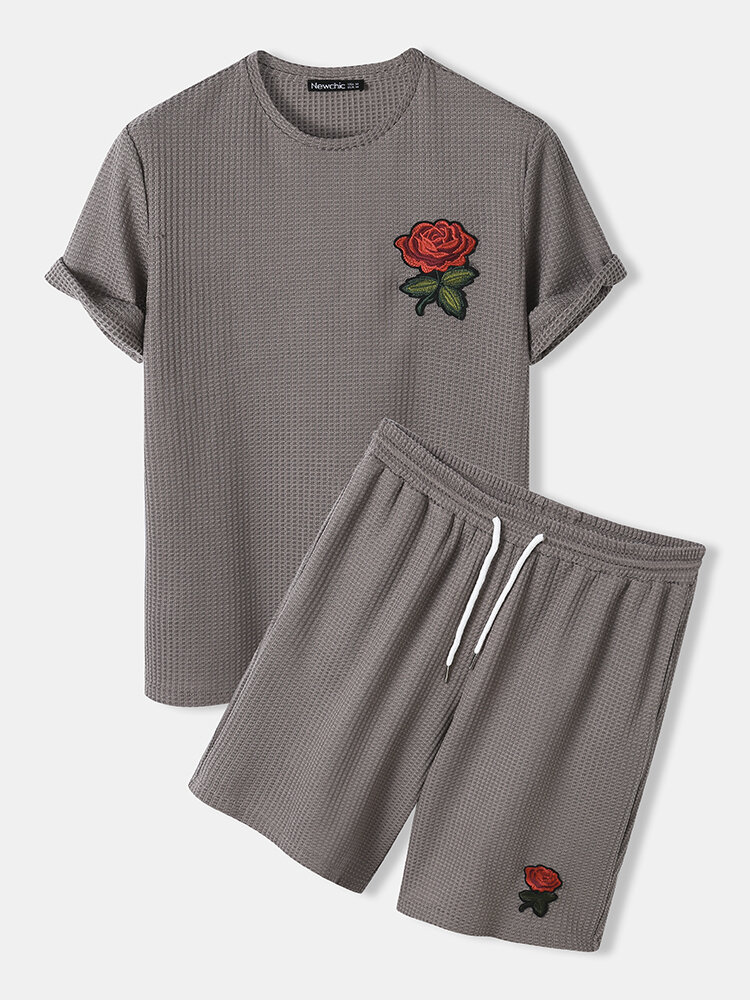 
	Mens Basic Knitted Rose Embroidery Patch Short Sleeve Casual Two Piece Outfits Cozy Loungewear