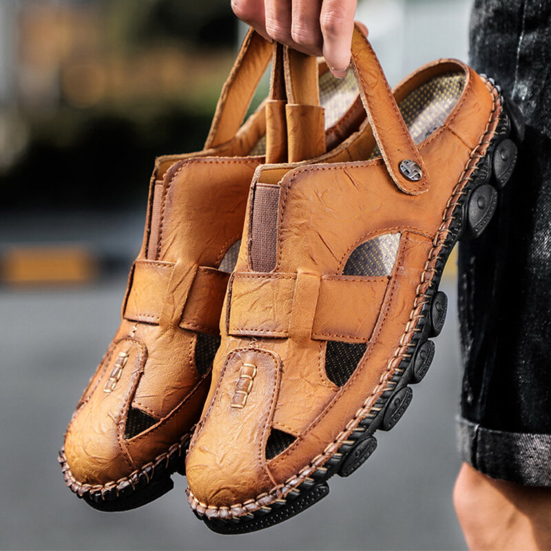 
	Men Cow Leather Hand Stitching Non Slip Outdoor Casual Sandals