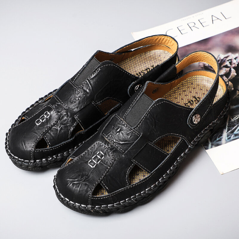 
	Men Cow Leather Hand Stitching Non Slip Outdoor Casual Sandals