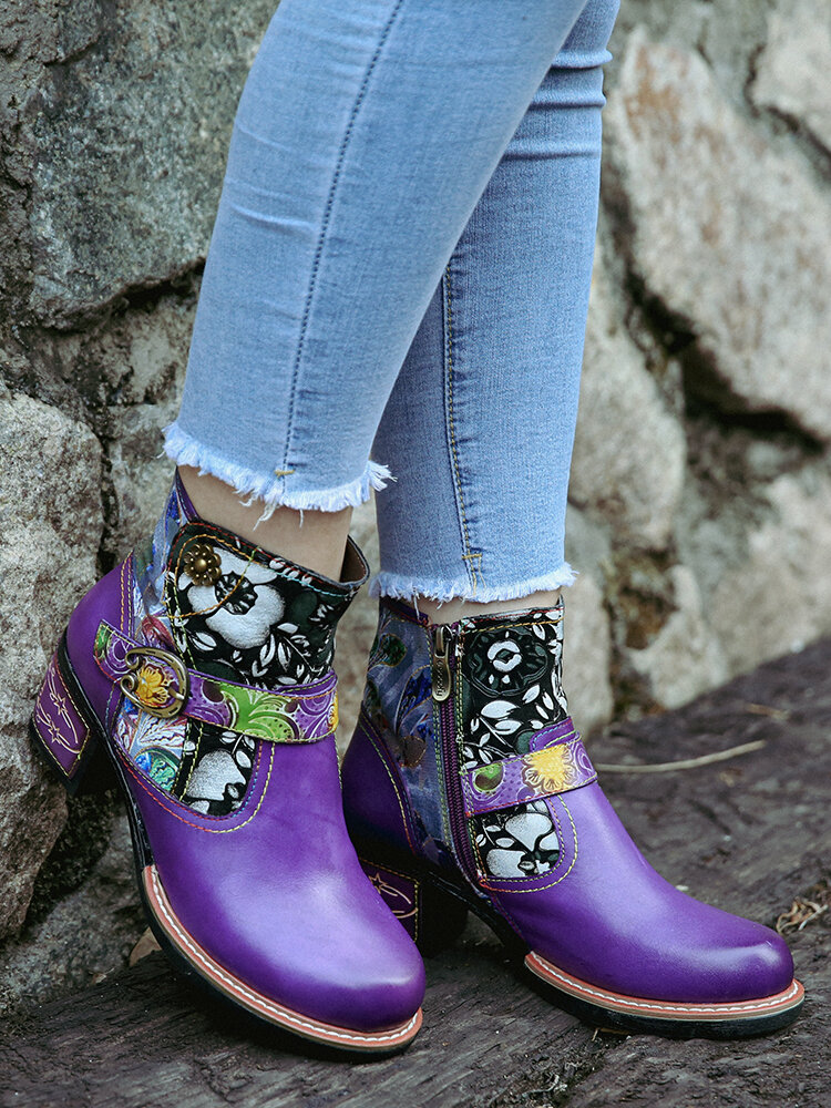 
	SOCOFY Elegant Floral Cloth Splicing Comfy Genuine Leather Wearable Chunky Heel Ankle Boots