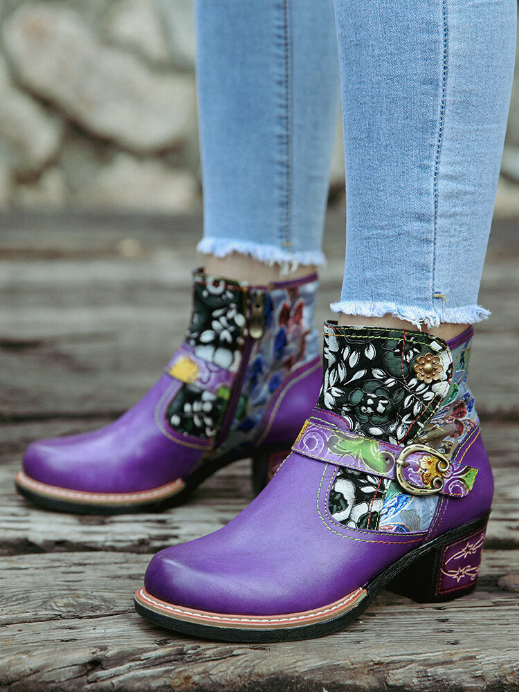 
	SOCOFY Elegant Floral Cloth Splicing Comfy Genuine Leather Wearable Chunky Heel Ankle Boots