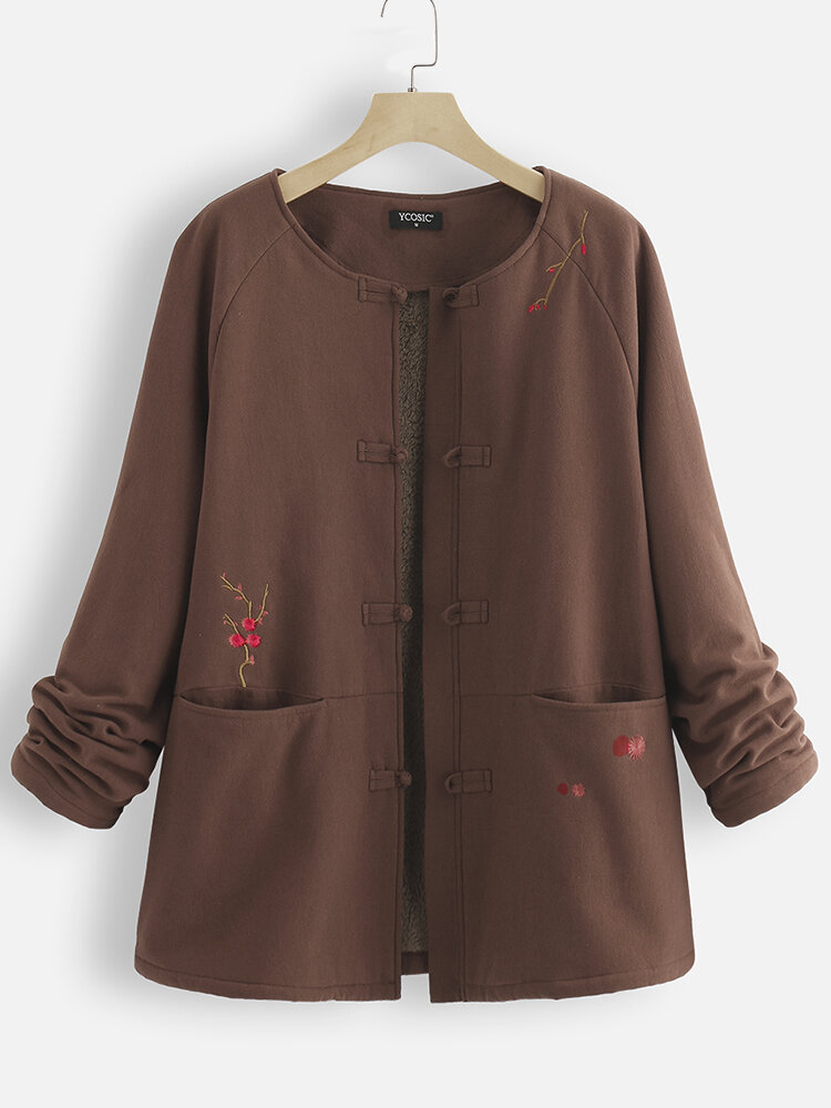 
	Vintage Embroidered Warm Fleece Frog Button Winter Coat