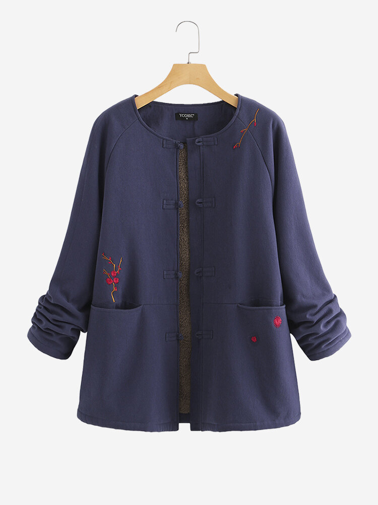 
	Vintage Embroidered Warm Fleece Frog Button Winter Coat