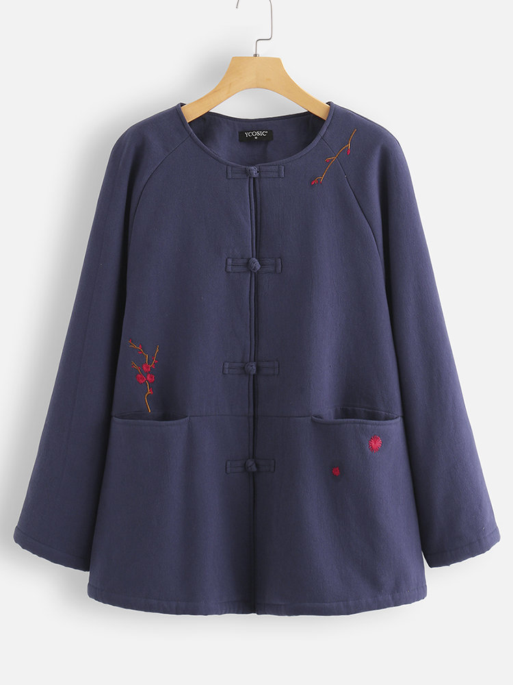 
	Vintage Embroidered Warm Fleece Frog Button Winter Coat