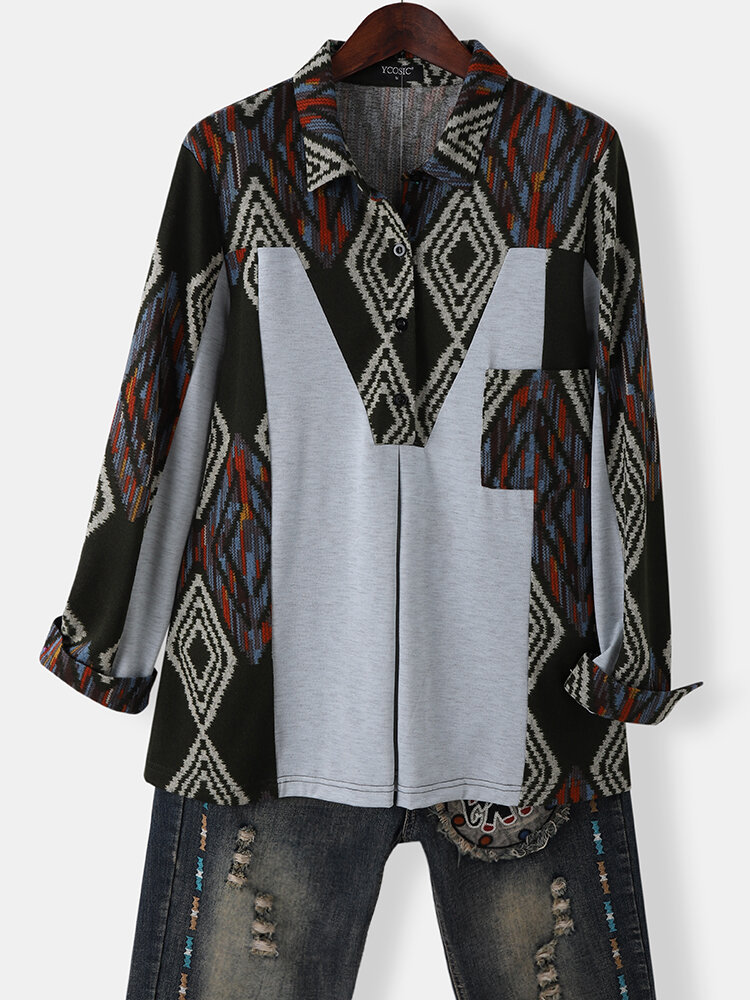 
	Geometric Print Patchwork Lapel Collar Button Ethnic Sweatshirt for Women