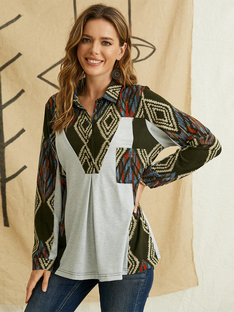 
	Geometric Print Patchwork Lapel Collar Button Ethnic Sweatshirt for Women