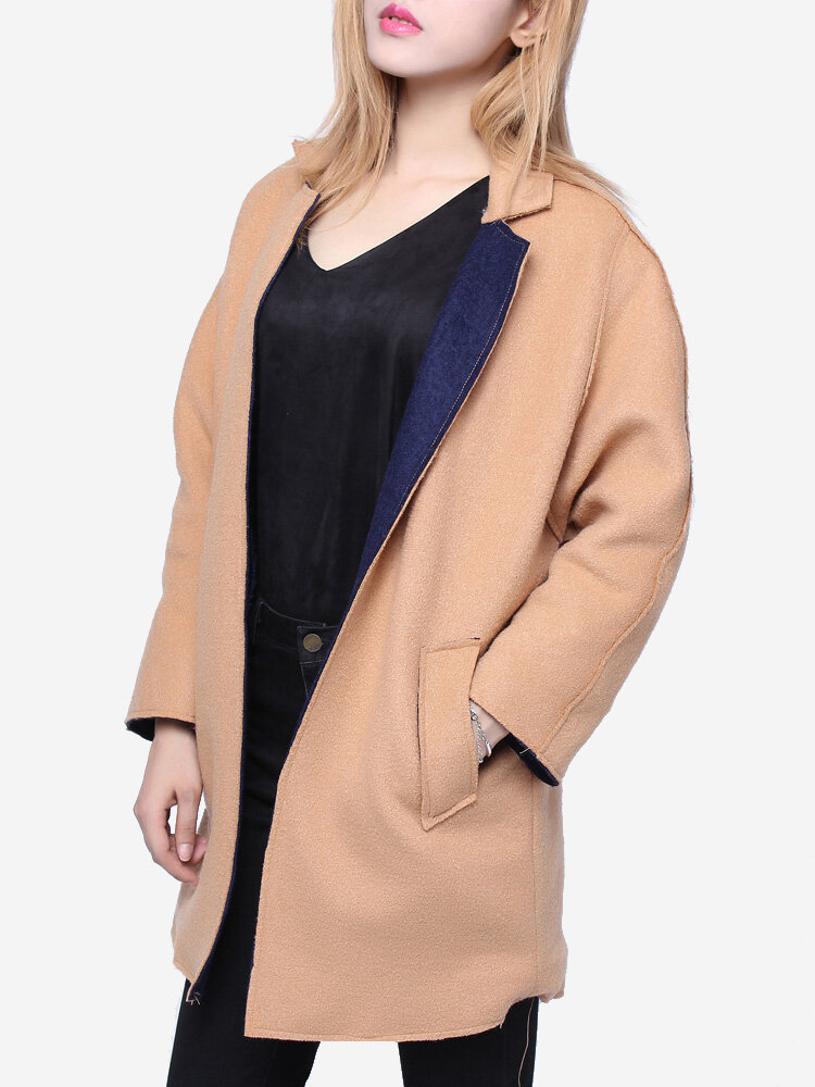 
	Casual Long Sleeve Turn-down Collar Woolen Blend Thick Coat