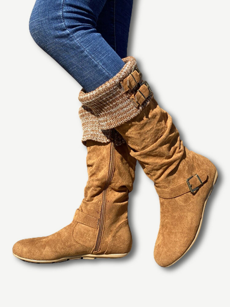 
	Women’s Plus Size Buckle Decor Suede Woolen Warm Zipper Flat Knee Boots