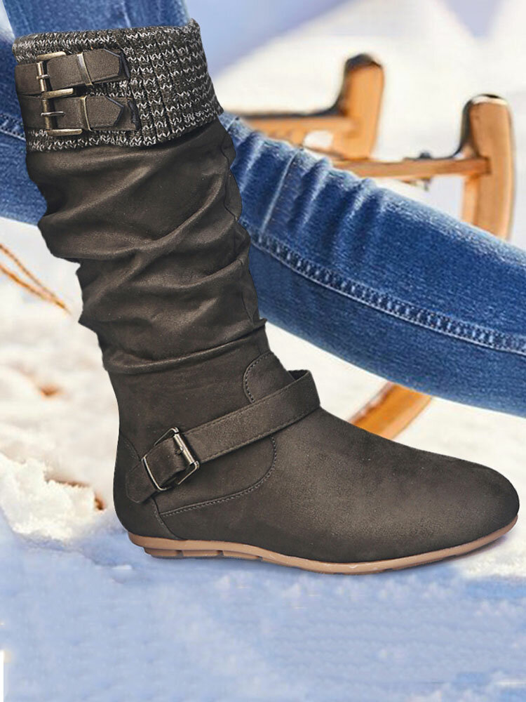
	Women’s Plus Size Buckle Decor Suede Woolen Warm Zipper Flat Knee Boots