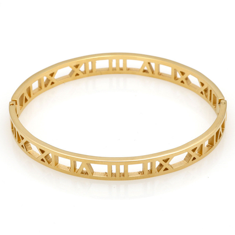 
	Fashion Hollow Roman Number Bangle Bracelets Titanium Steel Charm Gold Bracelets for Women for Men