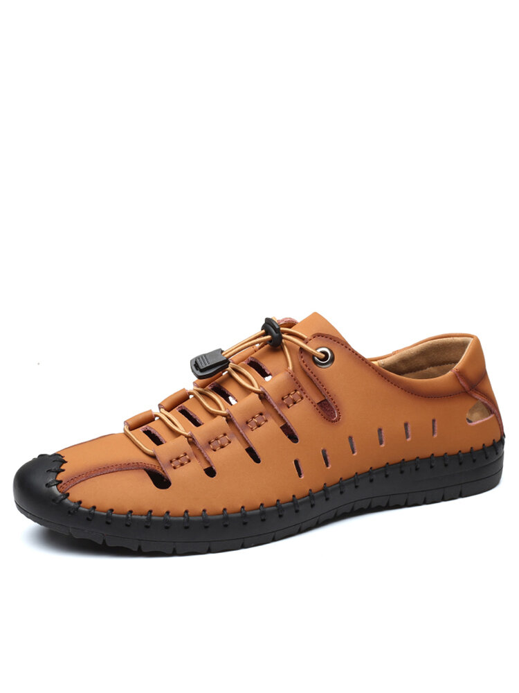 
	Men Hand Stitching Leather Non Slip Elastic Lace Casual Sandals