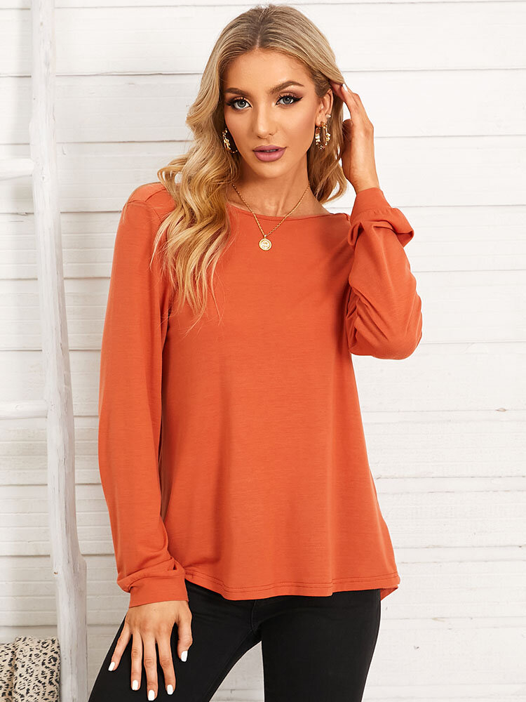 
	Solid Backless Twisted Long Sleeve Crew Neck T-shirt