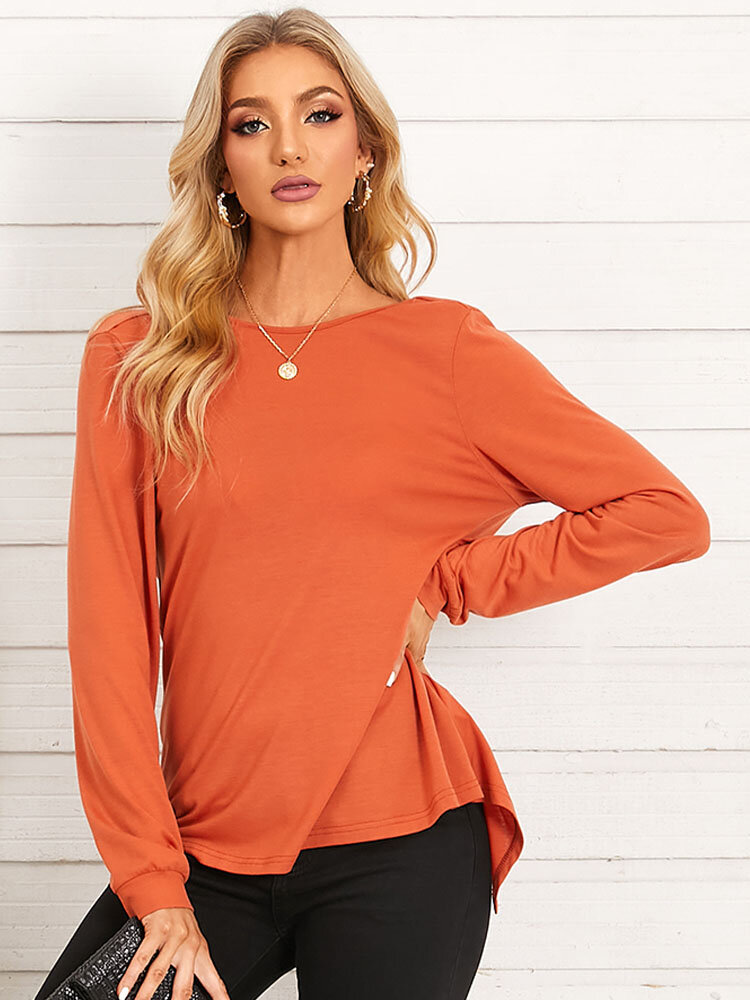 
	Solid Backless Twisted Long Sleeve Crew Neck T-shirt