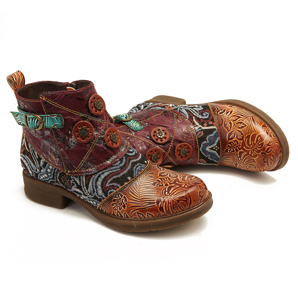 
	SOCOFY Retro Buckle Genuine Leather Splicing Folkways Pattern Flat Soft Short Boots