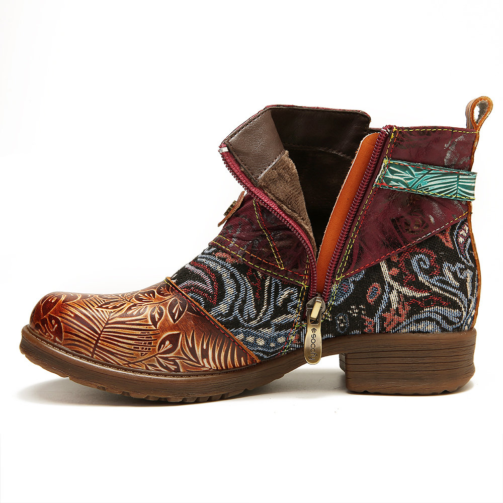 
	SOCOFY Retro Buckle Genuine Leather Splicing Folkways Pattern Flat Soft Short Boots