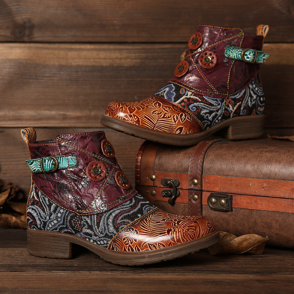 
	SOCOFY Retro Buckle Genuine Leather Splicing Folkways Pattern Flat Soft Short Boots