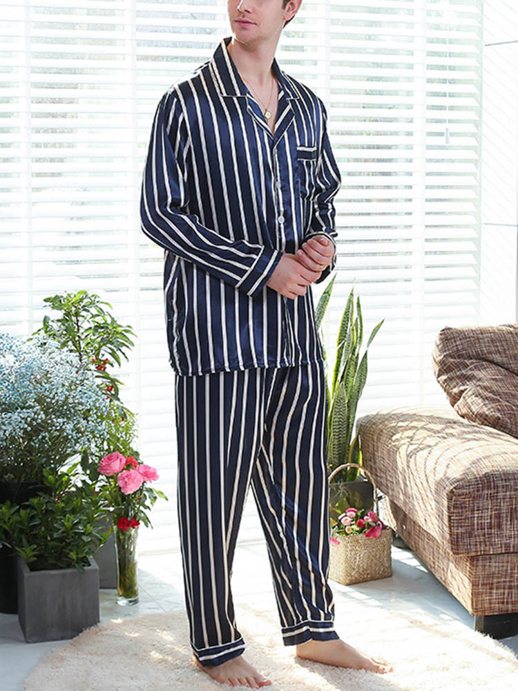 
	Mens Striped Revere Collar Button Up Faux Silk Cozy Pajamas Sets