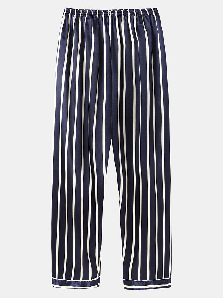 
	Mens Striped Revere Collar Button Up Faux Silk Cozy Pajamas Sets