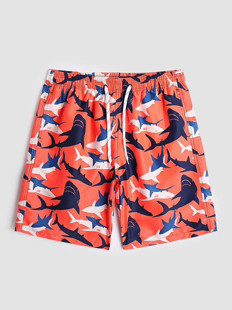 
	Men Cartoon Shark Print Ocean Style Lightweight Thin Seaside Board Shorts