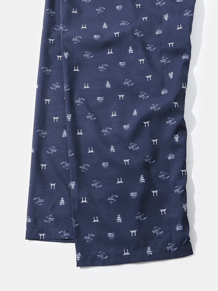 
	Mens Satin Silk Pattern Print Lapel Casual Homewear Pajamas Set