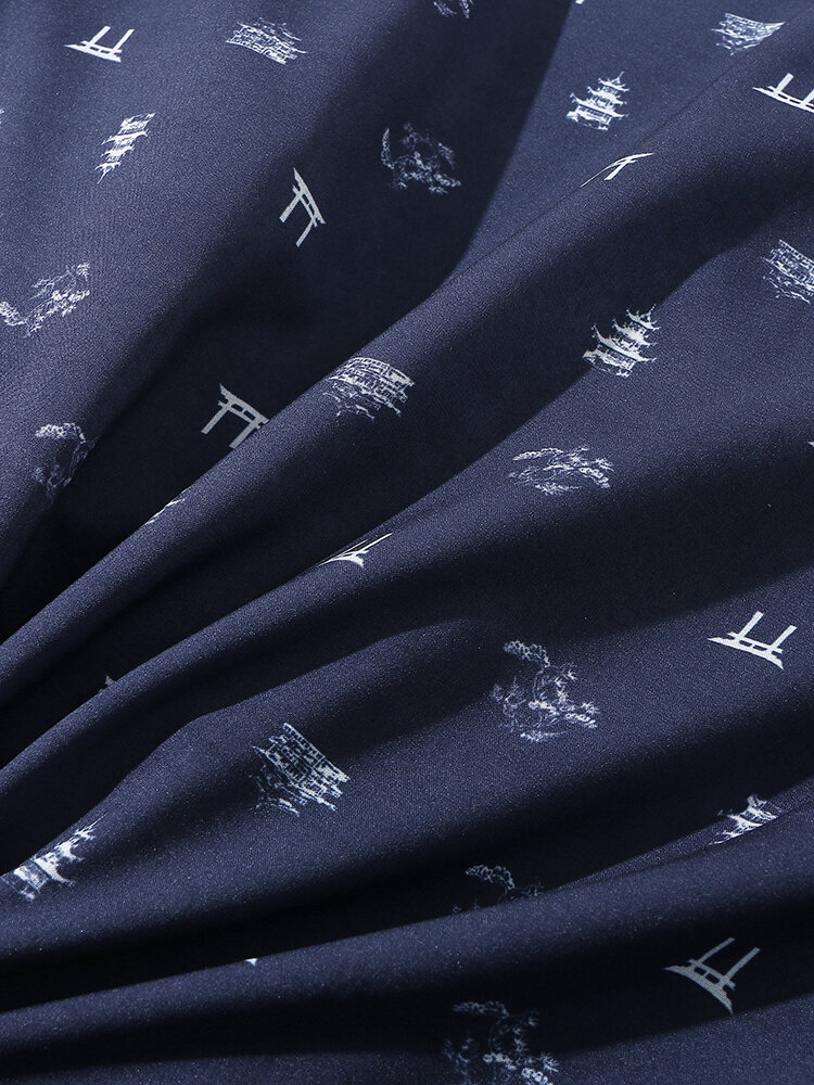 
	Mens Satin Silk Pattern Print Lapel Casual Homewear Pajamas Set