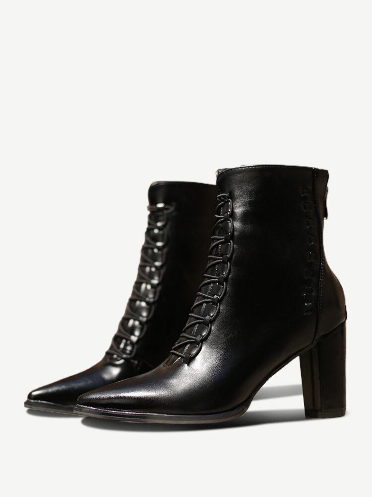 
	Plus Size Women Pointed Toe Lace Up Back Zipper Chunky Heel Short Boots