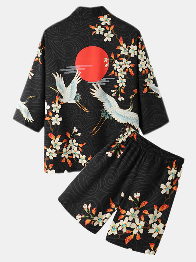 
	Mens Floral Crane Print Open Front Kimono Ethnic Style Two Pieces Outfits
