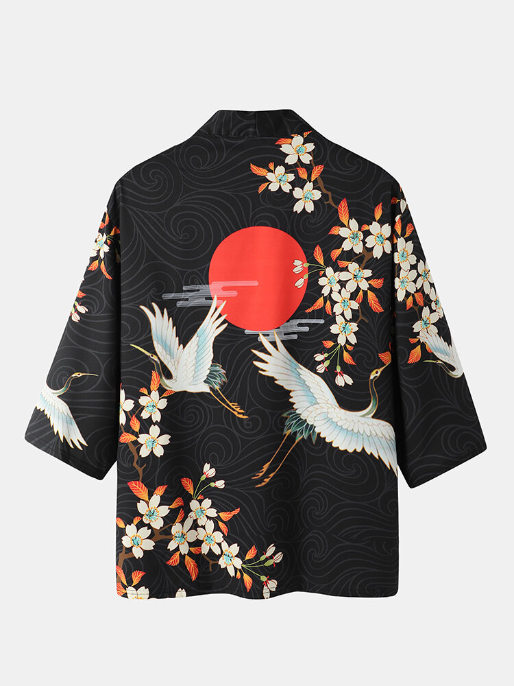 
	Mens Floral Crane Print Open Front Kimono Ethnic Style Two Pieces Outfits