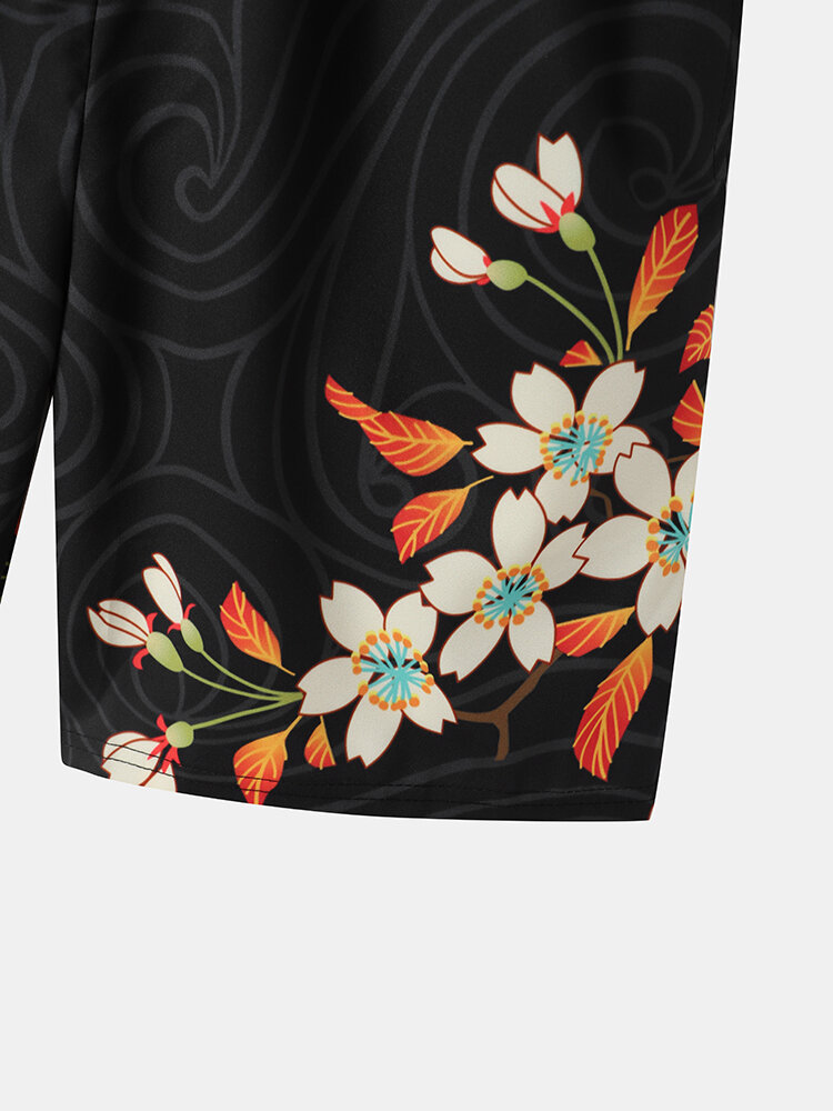 
	Mens Floral Crane Print Open Front Kimono Ethnic Style Two Pieces Outfits