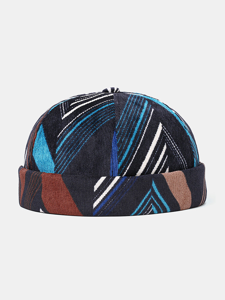 
	Collrown Men & Women Corduroy Patchwork Color Irregular Stripe Geometric Pattern Fashion Casual Brimless Beanie Landlord Cap Skull Cap