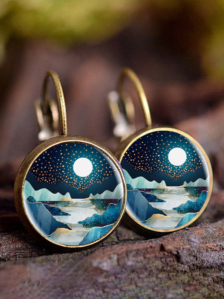 
	Trendy Metal Round Natural Landscape Print Glass Pendant Earrings