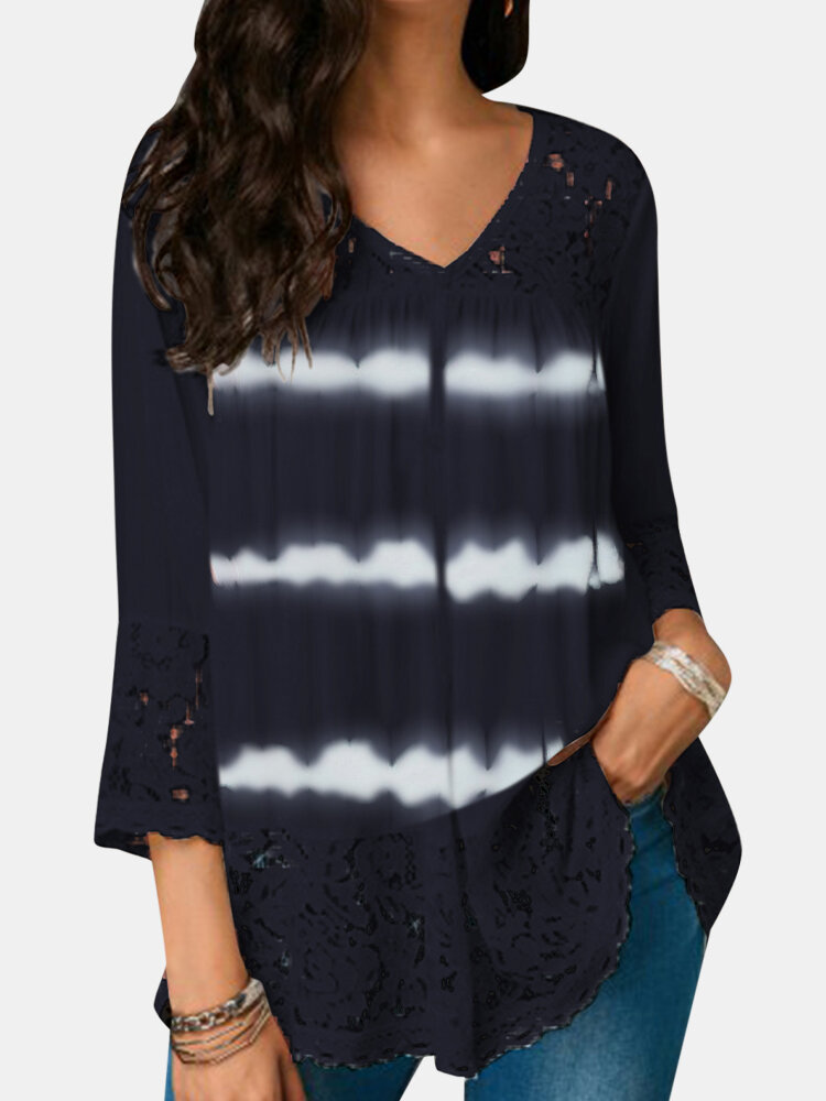 
	Tie-dye V-neck Lace Patchwork Blouse For Women