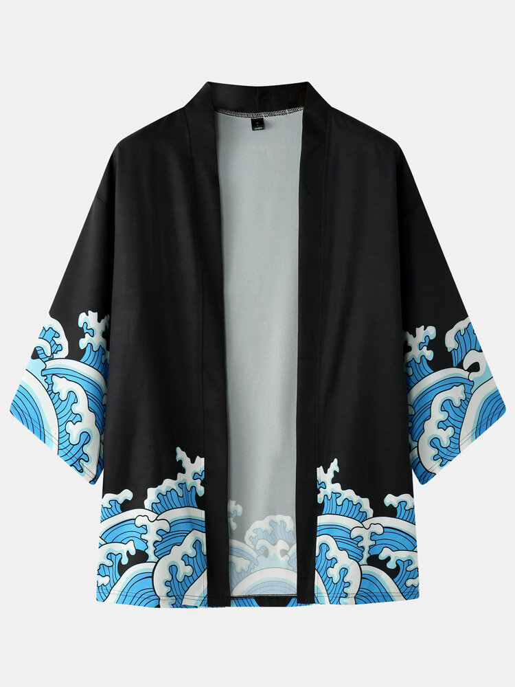 
	Mens Japanese Style Wave Print Open Front Kimono Two Pieces Outfits