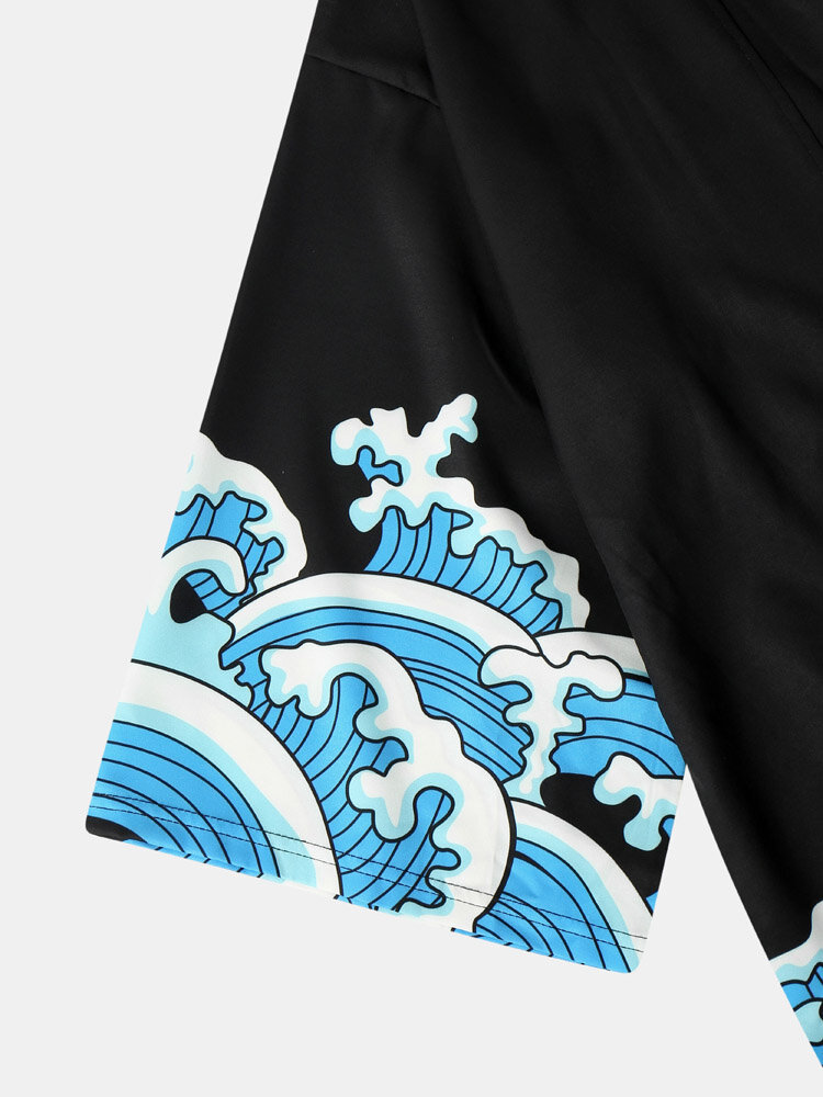 
	Mens Japanese Style Wave Print Open Front Kimono Two Pieces Outfits