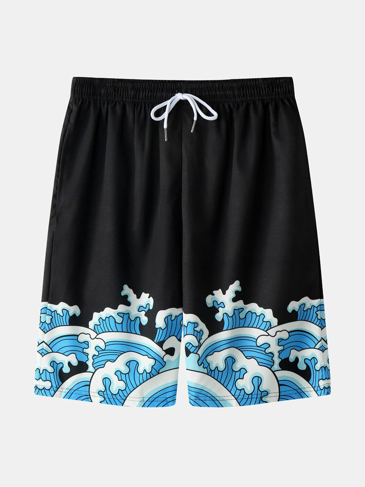 
	Mens Japanese Style Wave Print Open Front Kimono Two Pieces Outfits